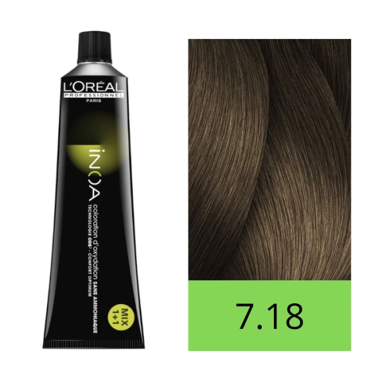 L'Oréal Tinte Inoa Sin Amoniaco nº 7.18 Rubio Ceniza Moka 60 gr